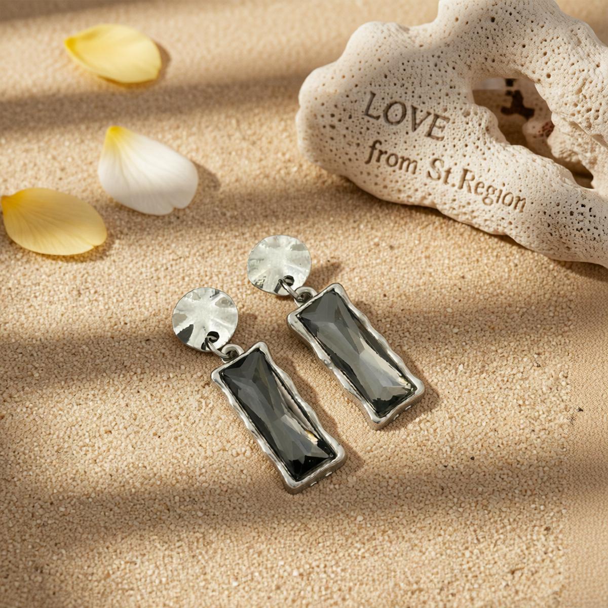 Gray Crystal and Silvertone Rectangle Dangle Earrings, silver drop earrings for women, lifestyle look
