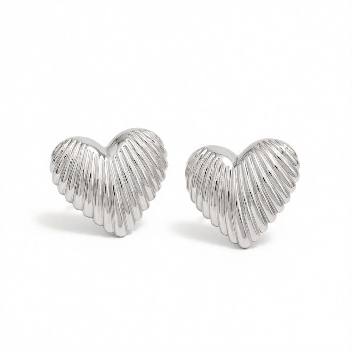 Silvertone Textured Heart Stud Earrings, cubic zirconia stud earrings for women, dainty minimalist design, side view