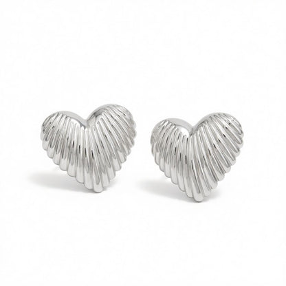 Silvertone Textured Heart Stud Earrings, cubic zirconia stud earrings for women, dainty minimalist design, side view