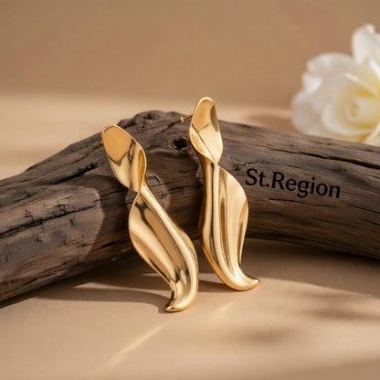 Goldtone Leaf Statement Dangle Earrings, gold drop earrings for women, botanical inspired, front view