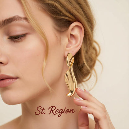 Goldtone Leaf Statement Dangle Earrings, gold drop earrings for women, botanical inspired, styled look