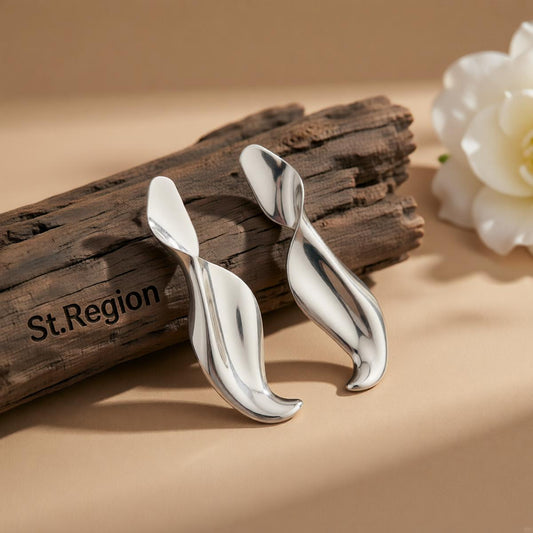 Silvertone Leaf Statement Dangle Earrings, silver drop earrings for women, dainty minimalist design, front view