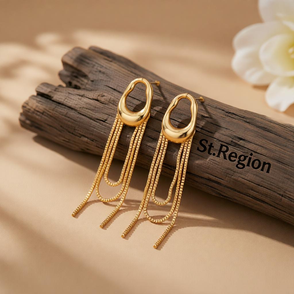 Goldtone Open Drop Chain Tassel Dangle Earrings, gold drop earrings for women, elegant gift for her, front view