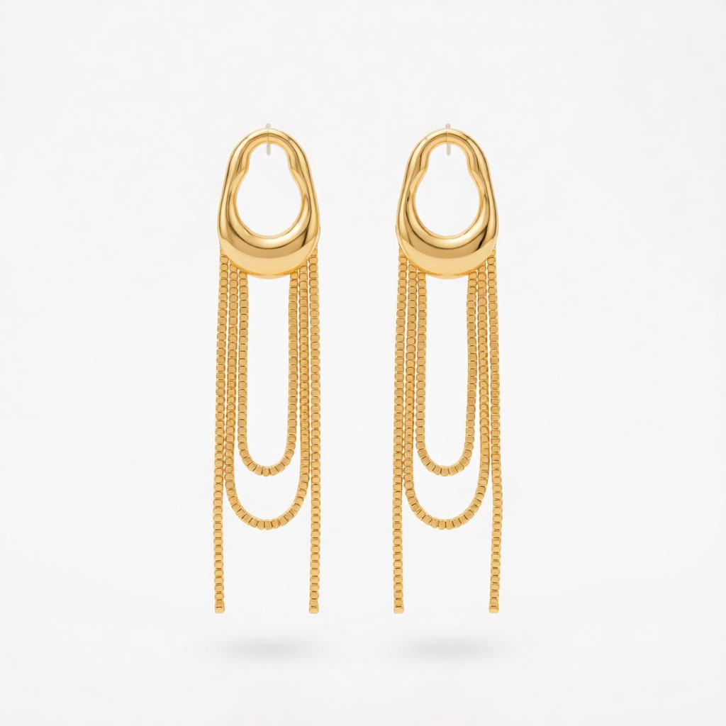 Goldtone Open Drop Chain Tassel Dangle Earrings, gold drop earrings for women, elegant gift for her, side view