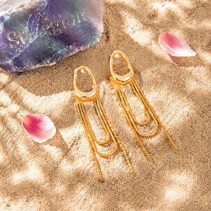 Goldtone Open Drop Chain Tassel Dangle Earrings, gold drop earrings for women, elegant gift for her, detail close-up