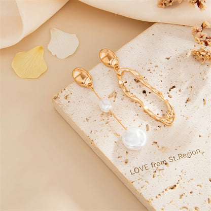 Pearl & Goldtone Open Drop Mismatching Dangle Earrings