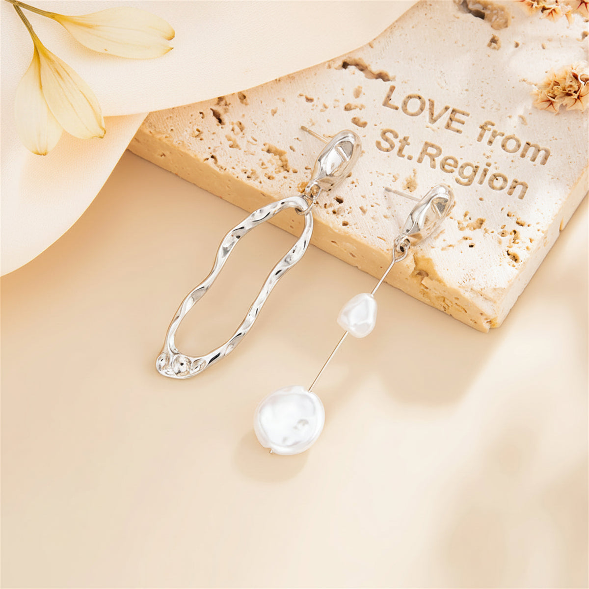 Pearl & Silvertone Open Drop Mismatching Dangle Earrings