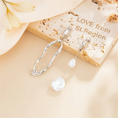 Pearl & Silvertone Open Drop Mismatching Dangle Earrings