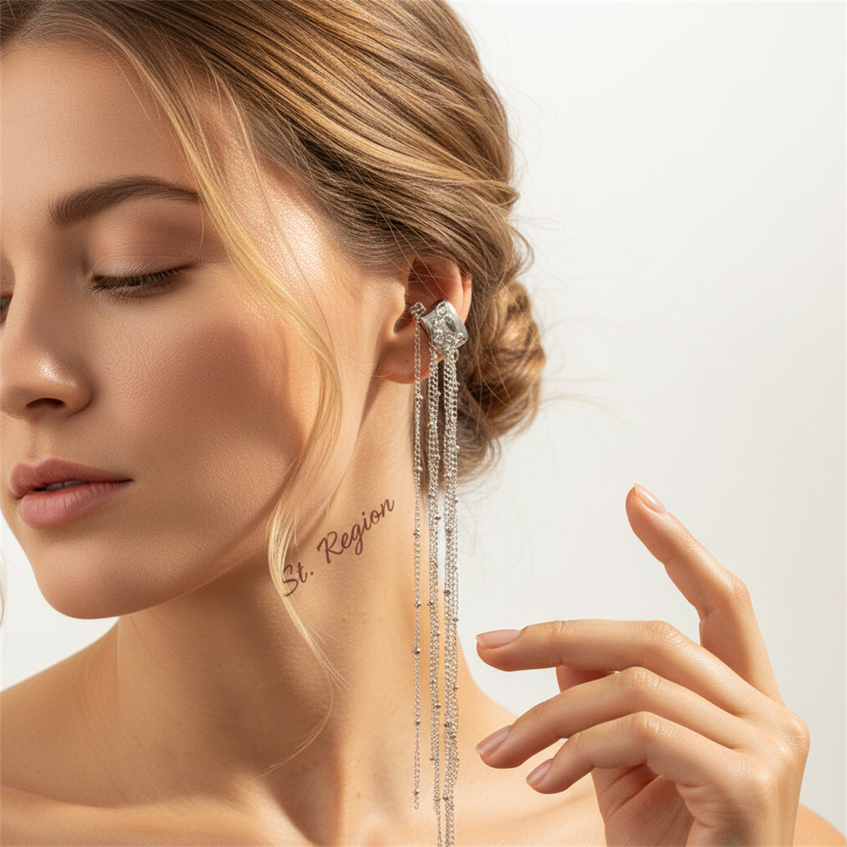 Silvertone Beaded Chain Long Tassel Ear Cuff