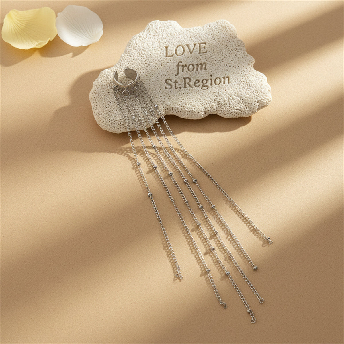 Silvertone Beaded Chain Long Tassel Ear Cuff