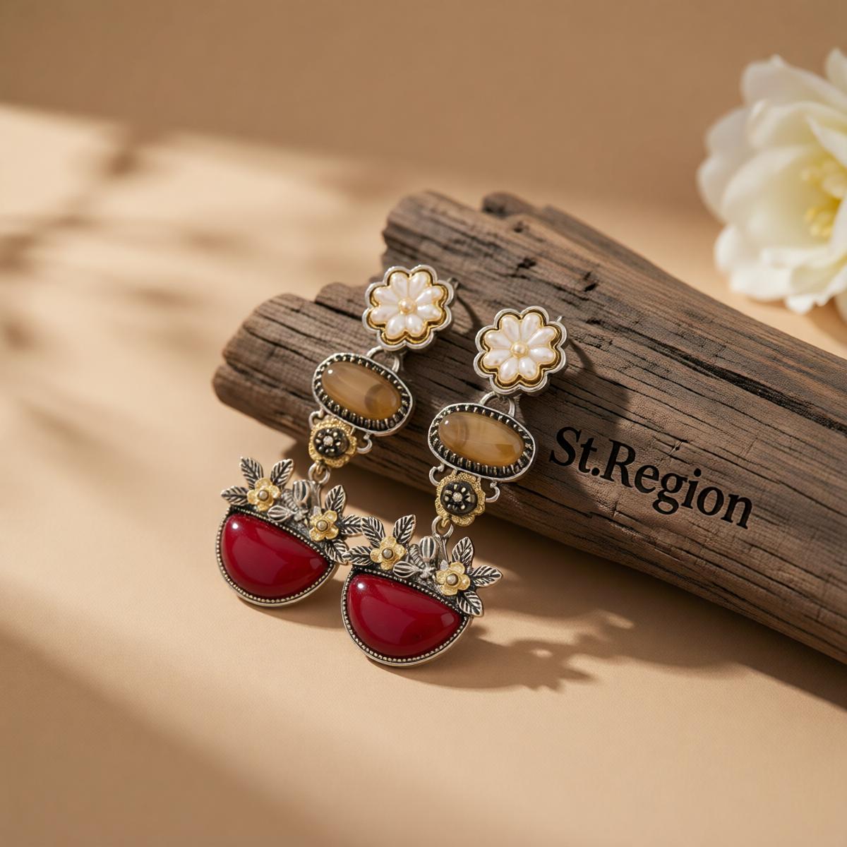 Multi-Colored Resin and Enamel Two Tone Oval Flower Cluster Dangle Earrings, drop earrings for women, front view