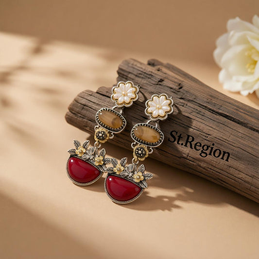 Multi-Colored Resin and Enamel Two Tone Oval Flower Cluster Dangle Earrings, drop earrings for women, front view