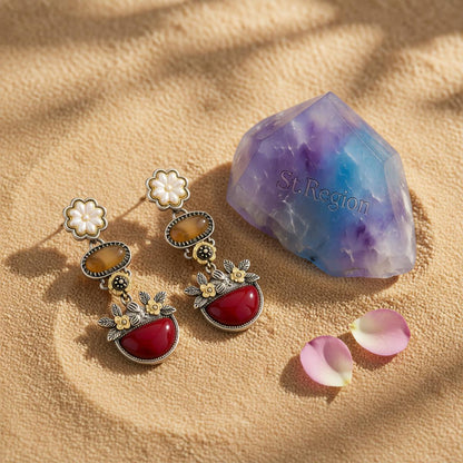 Multi-Colored Resin and Enamel Two Tone Oval Flower Cluster Dangle Earrings, drop earrings for women, detail close-up