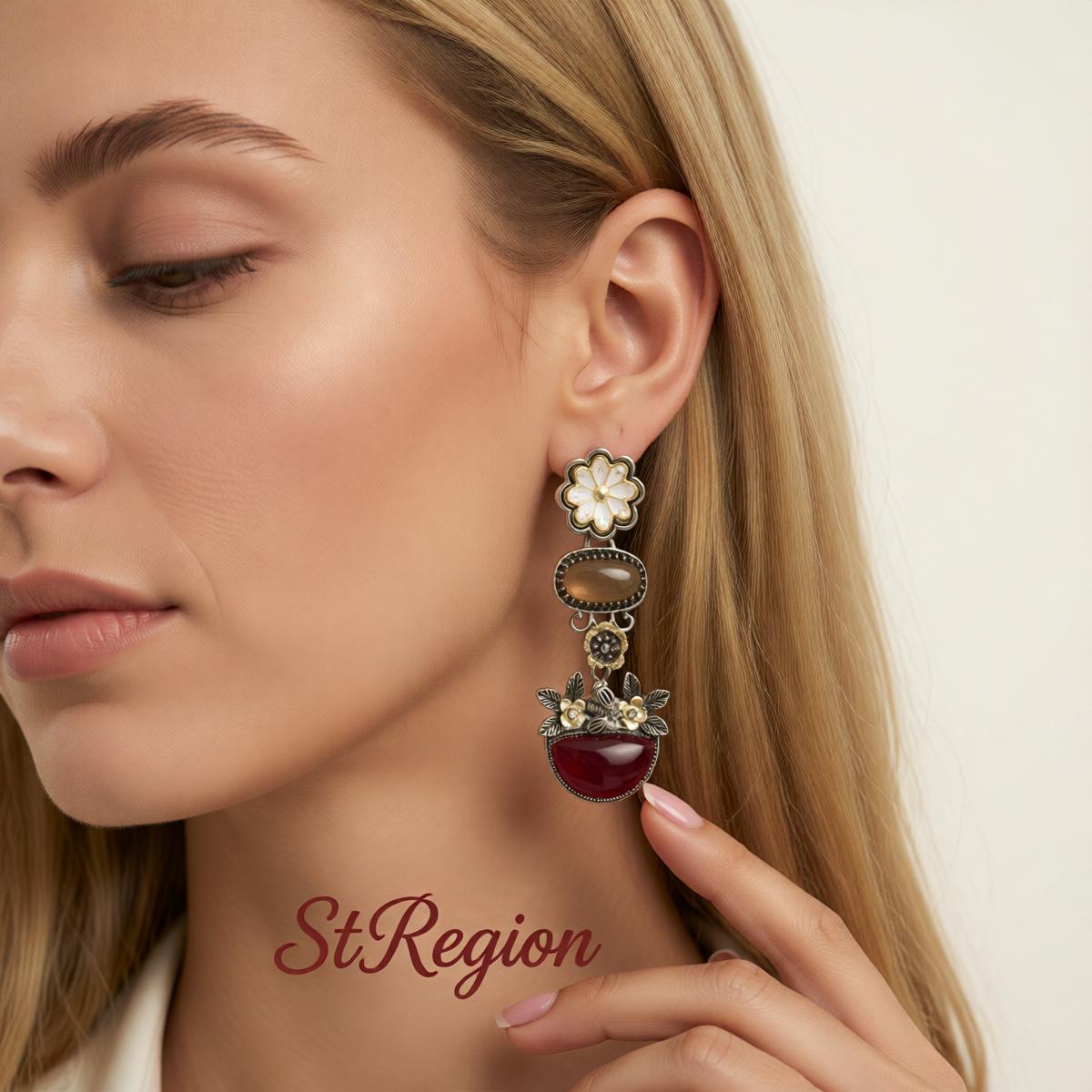 Multi-Colored Resin and Enamel Two Tone Oval Flower Cluster Dangle Earrings, drop earrings for women, styled look