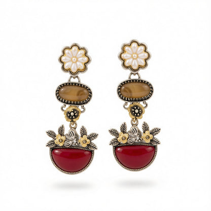 Multi-Colored Resin & Enamel Two Tone Oval Flower Cluster Dangle Earrings