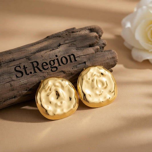 Goldtone Hammered Round Statement Earrings, cubic zirconia stud earrings for women, botanical inspired, front view