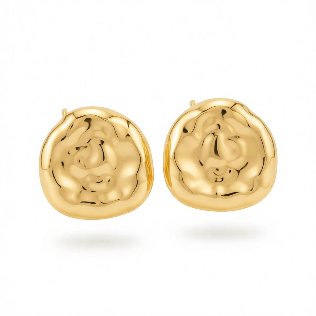 Goldtone Hammered Round Statement Earrings, cubic zirconia stud earrings for women, botanical inspired, side view