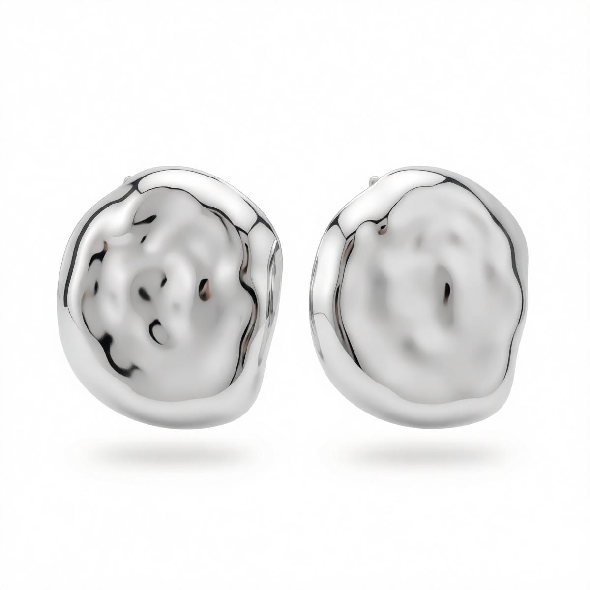 Silvertone Hammered Round Statement Earrings, cubic zirconia stud earrings for women, elegant gift for her, side view
