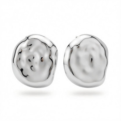 Silvertone Hammered Round Statement Earrings, cubic zirconia stud earrings for women, elegant gift for her, side view