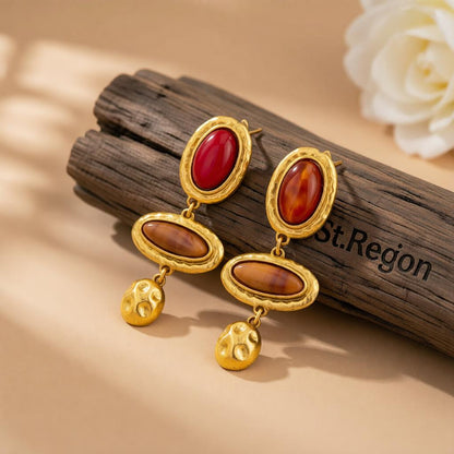 Red and Brown Resin Goldtone Tiered Oval Dangle Earrings, gold drop earrings for women, dainty minimalist design, front view
