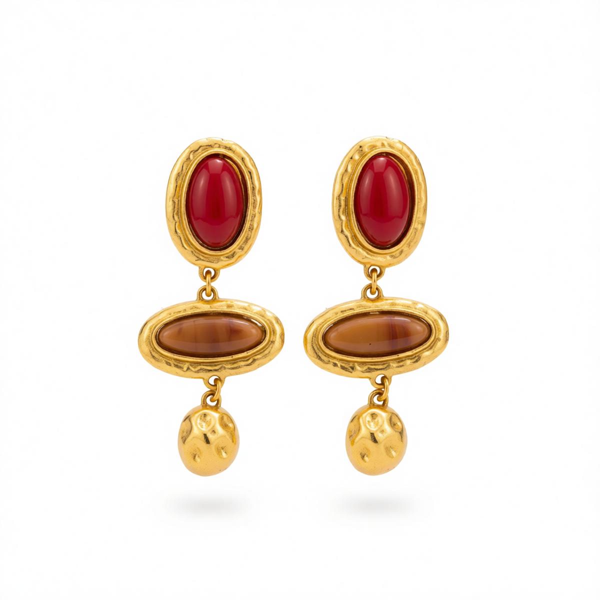 Red and Brown Resin Goldtone Tiered Oval Dangle Earrings, gold drop earrings for women, dainty minimalist design, side view