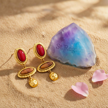 Red and Brown Resin Goldtone Tiered Oval Dangle Earrings, gold drop earrings for women, detail close-up