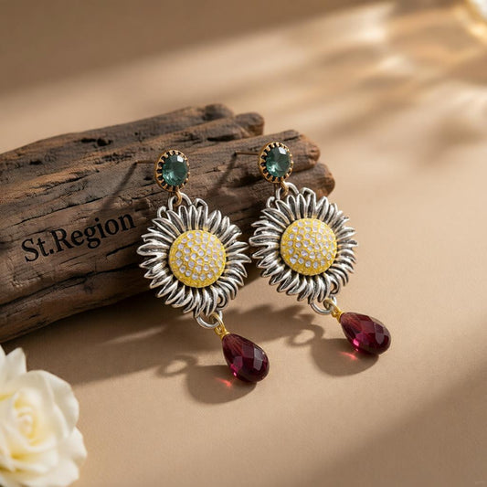 Crystal & Cubic Zirconia Two Tone Sunflower Drop Dangle Earrings