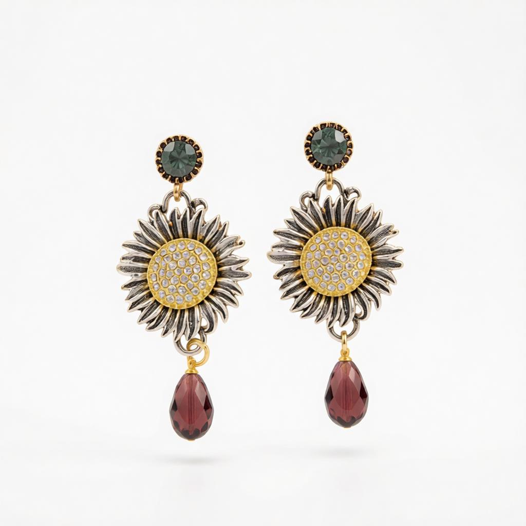 Crystal and Cubic Zirconia Two Tone Sunflower Drop Dangle Earrings, drop earrings for women, side view