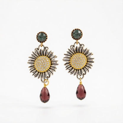 Crystal and Cubic Zirconia Two Tone Sunflower Drop Dangle Earrings, drop earrings for women, side view