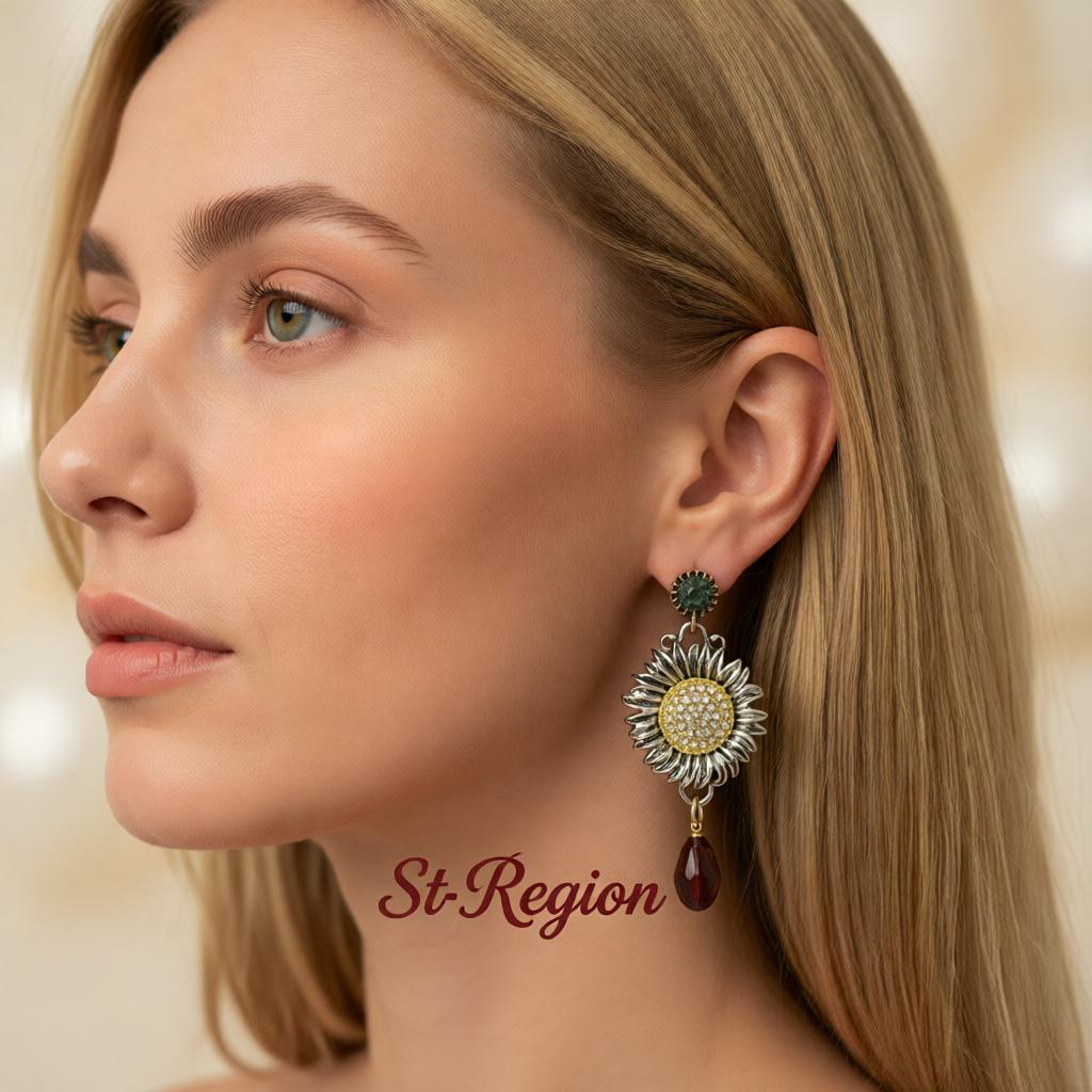 Crystal and Cubic Zirconia Two Tone Sunflower Drop Dangle Earrings, drop earrings for women, styled look