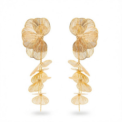 Goldtone Open Textured Flower Cluster Dangle Earrings, gold drop earrings for women, elegant gift for her, side view