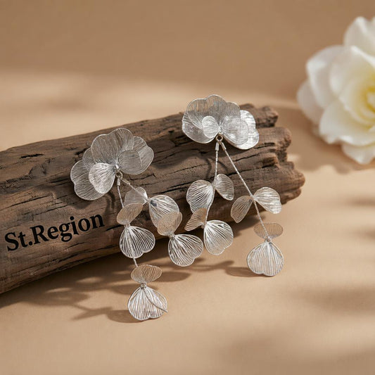 Silvertone Open Textured Flower Cluster Dangle Earrings, silver drop earrings for women, everyday style, front view