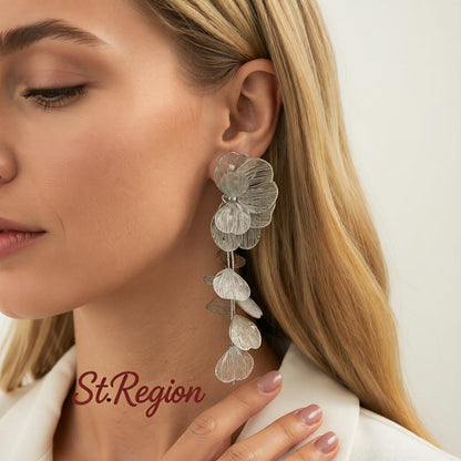 Silvertone Open Textured Flower Cluster Dangle Earrings, silver drop earrings for women, everyday style, styled look