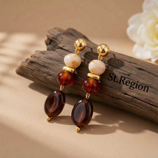 Amber Resin and Goldtone Tiered Irregular Beads Dangle Earrings, gold drop earrings for women, everyday style, front view