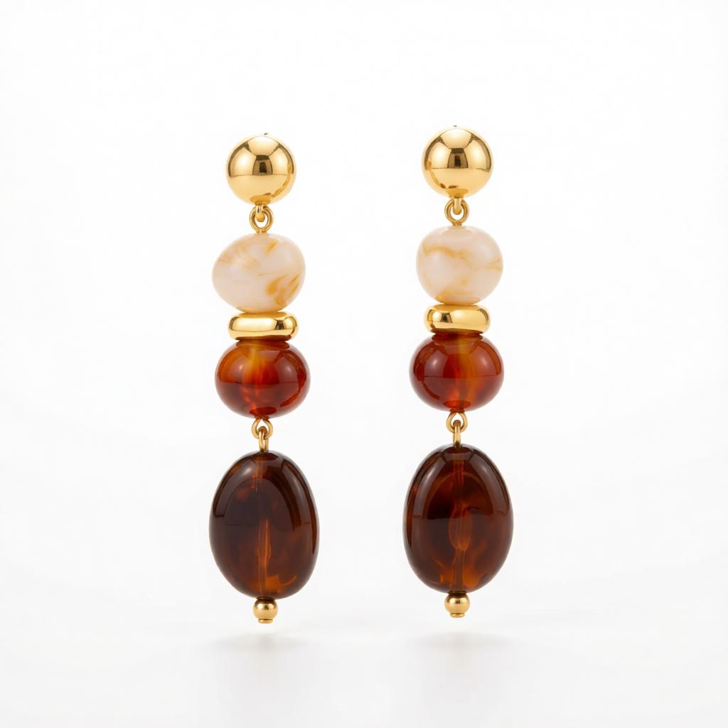 Amber Resin and Goldtone Tiered Irregular Beads Dangle Earrings, gold drop earrings for women, everyday style, side view