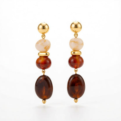 Amber Resin and Goldtone Tiered Irregular Beads Dangle Earrings, gold drop earrings for women, everyday style, side view