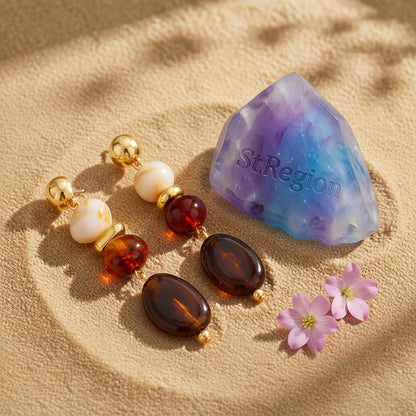 Amber Resin and Goldtone Tiered Irregular Beads Dangle Earrings, gold drop earrings for women, detail close-up