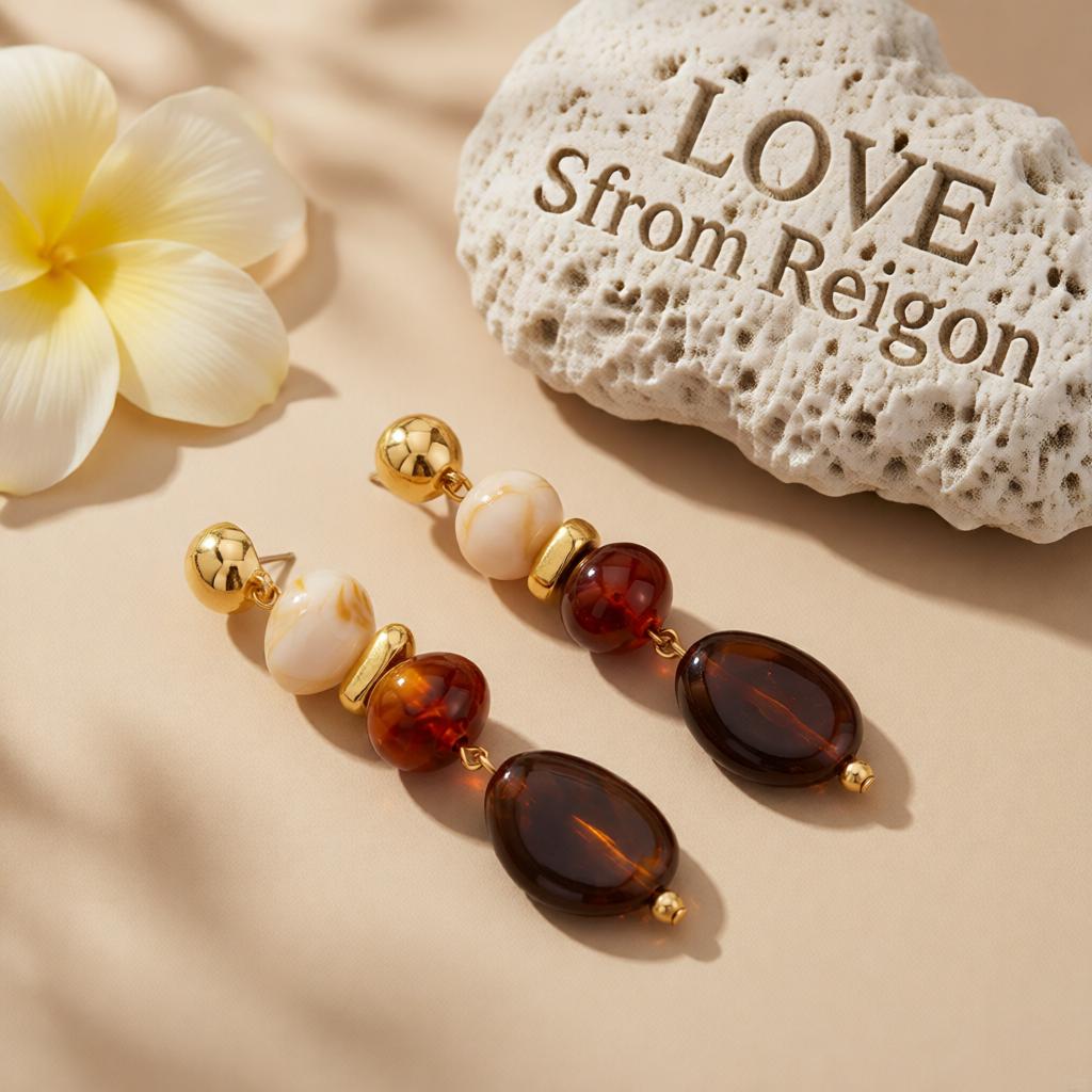 Amber Resin and Goldtone Tiered Irregular Beads Dangle Earrings, gold drop earrings for women, everyday style, lifestyle look