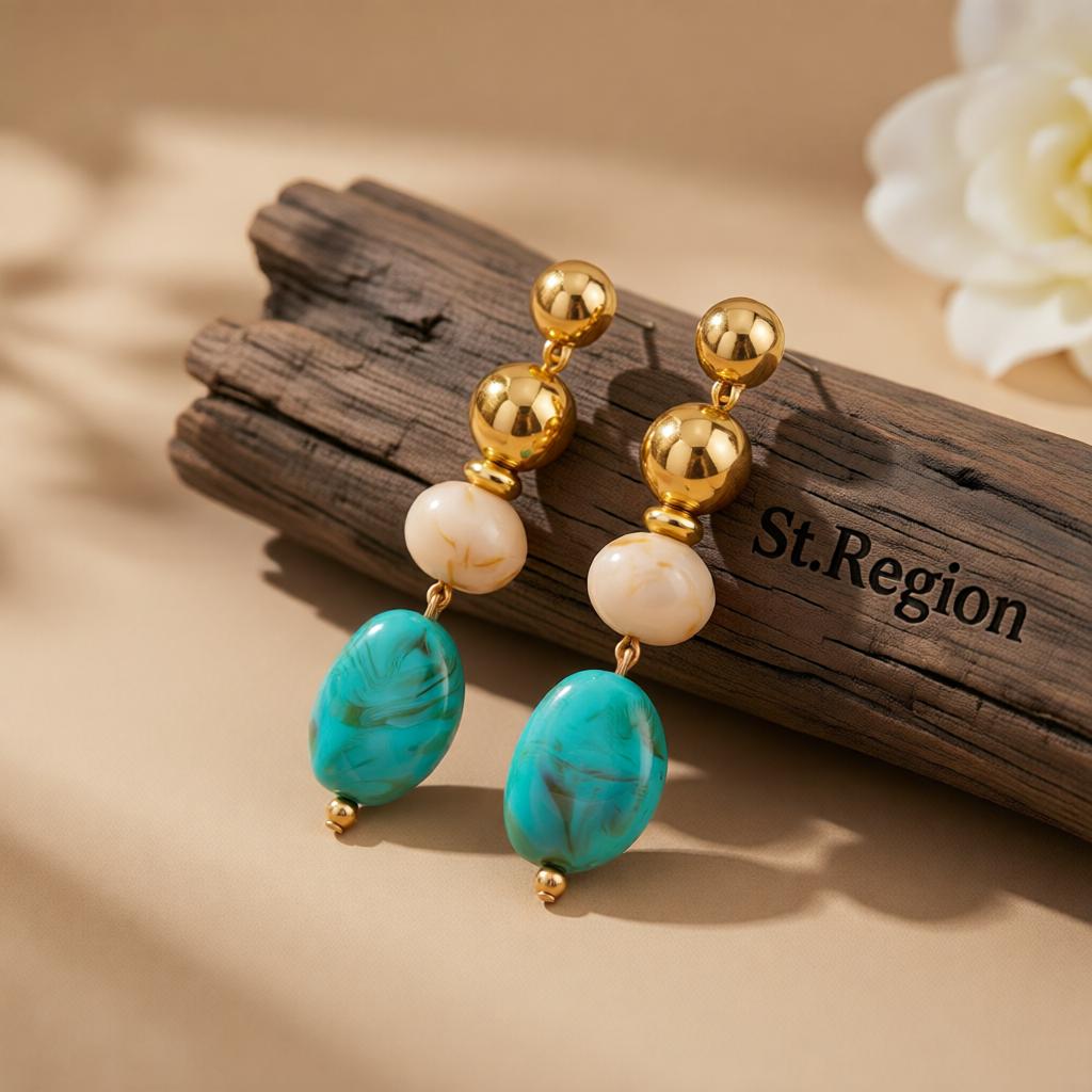 Blue Resin and Goldtone Tiered Irregular Beads Dangle Earrings, gold drop earrings for women, front view