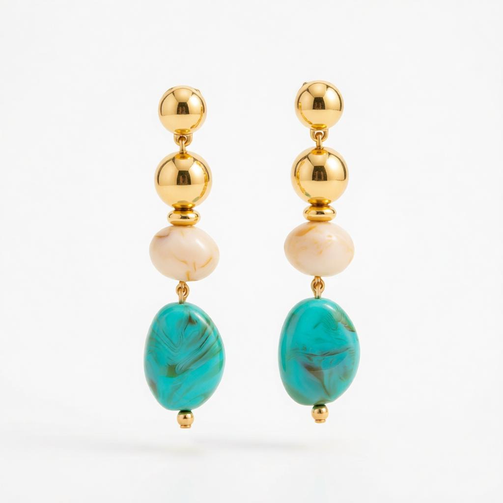 Blue Resin and Goldtone Tiered Irregular Beads Dangle Earrings, gold drop earrings for women, side view
