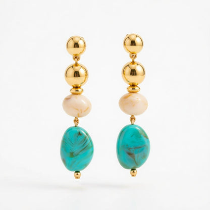 Blue Resin and Goldtone Tiered Irregular Beads Dangle Earrings, gold drop earrings for women, side view