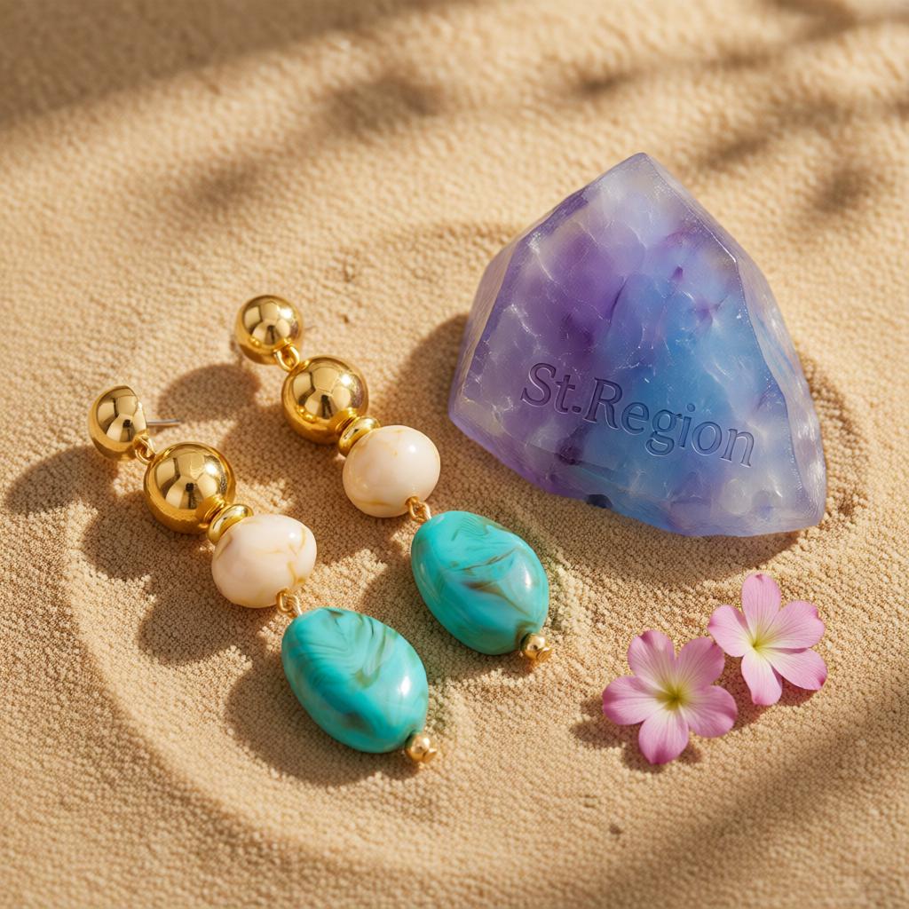 Blue Resin and Goldtone Tiered Irregular Beads Dangle Earrings, gold drop earrings for women, detail close-up