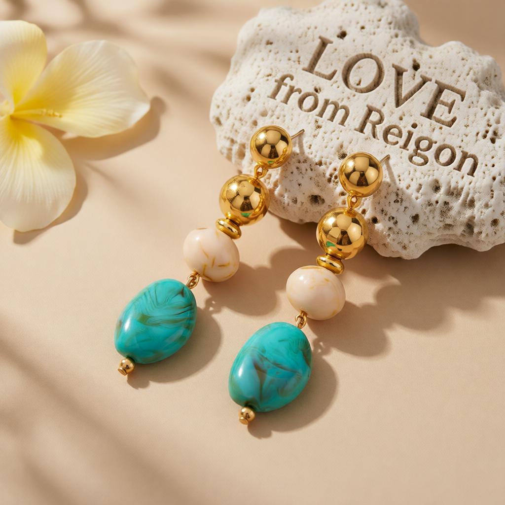 Blue Resin and Goldtone Tiered Irregular Beads Dangle Earrings, gold drop earrings for women, lifestyle look