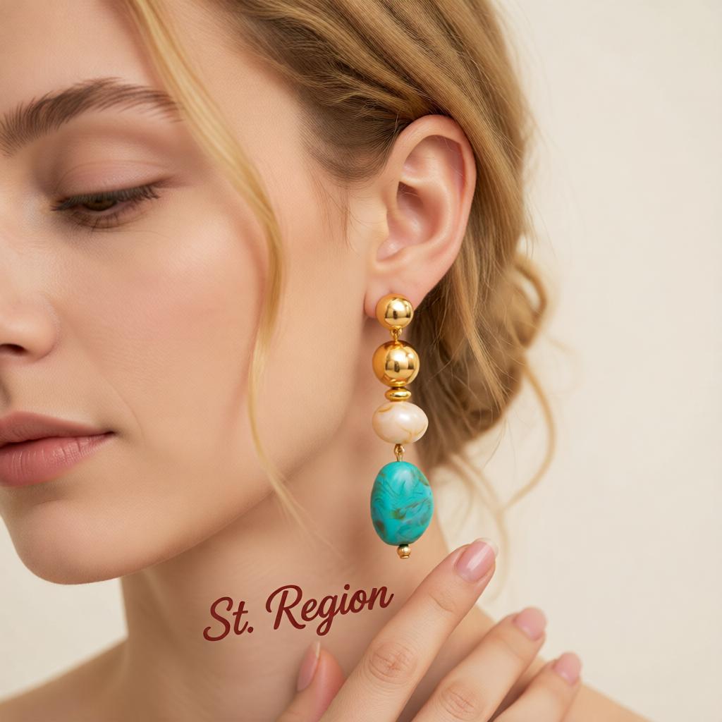 Blue Resin and Goldtone Tiered Irregular Beads Dangle Earrings, gold drop earrings for women, styled look