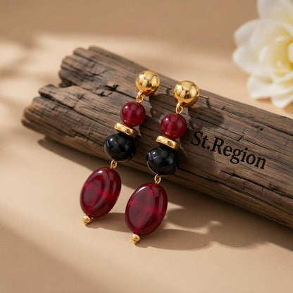 Wine Red Resin and Goldtone Tiered Irregular Beads Dangle Earrings, gold drop earrings for women, everyday style, front view