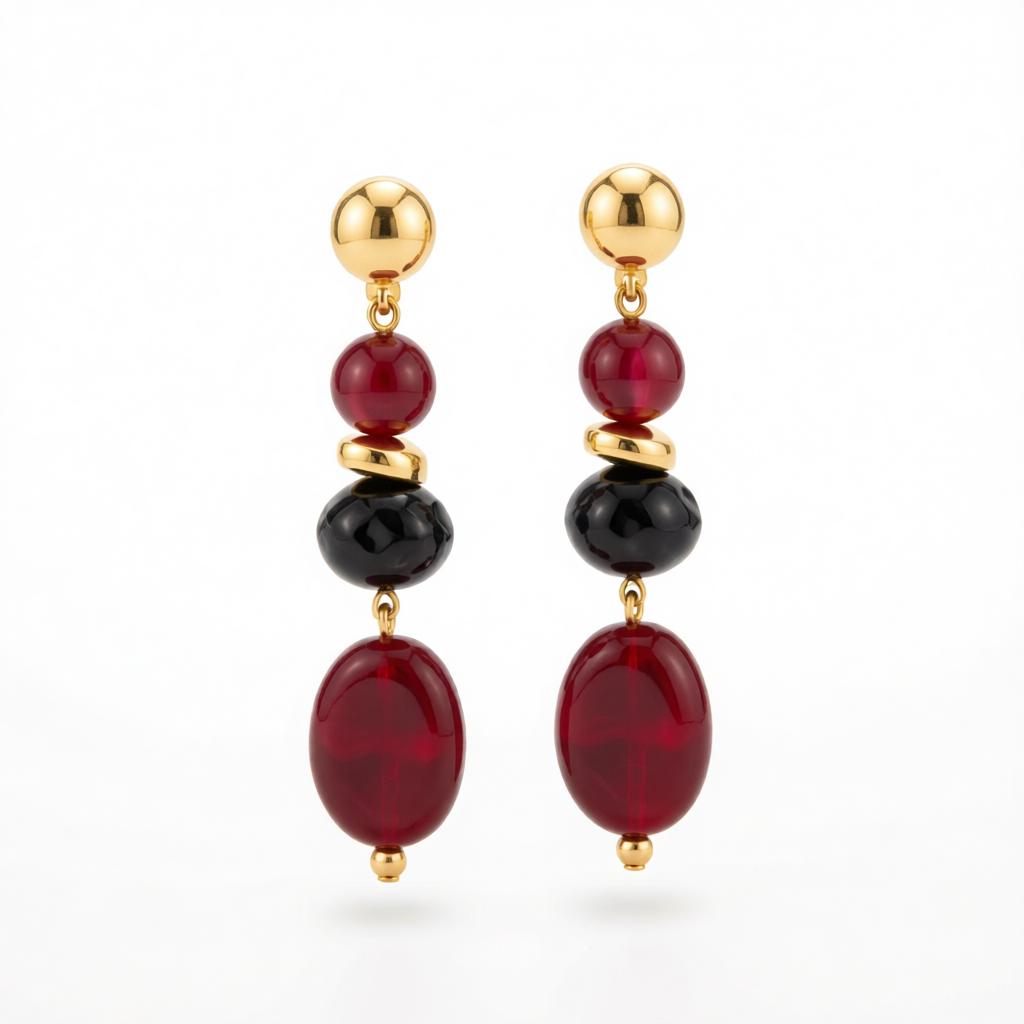 Wine Red Resin and Goldtone Tiered Irregular Beads Dangle Earrings, gold drop earrings for women, everyday style, side view