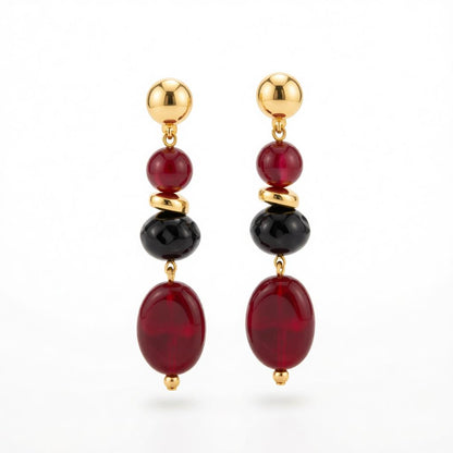 Wine Red Resin and Goldtone Tiered Irregular Beads Dangle Earrings, gold drop earrings for women, everyday style, side view