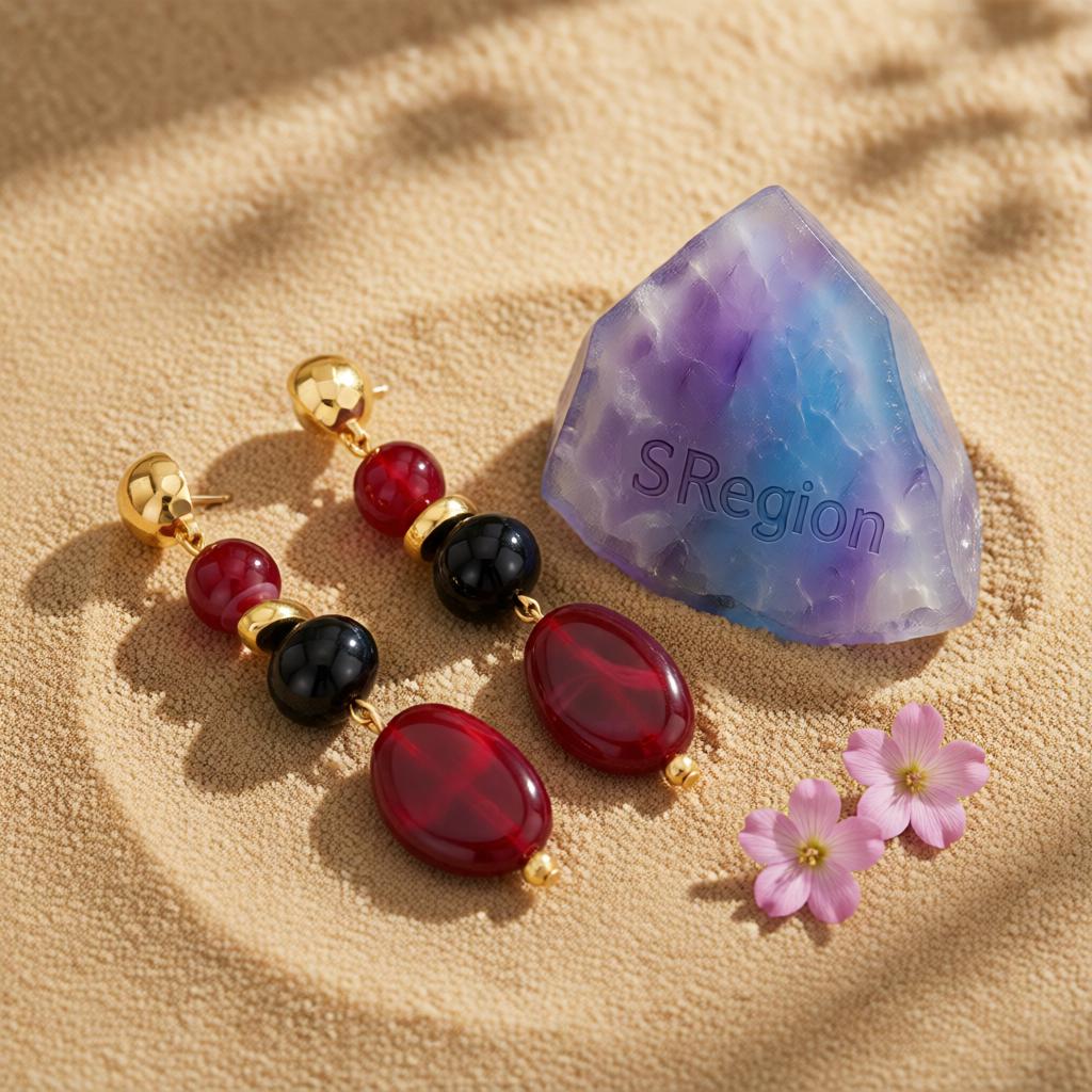 Wine Red Resin and Goldtone Tiered Irregular Beads Dangle Earrings, gold drop earrings for women, detail close-up