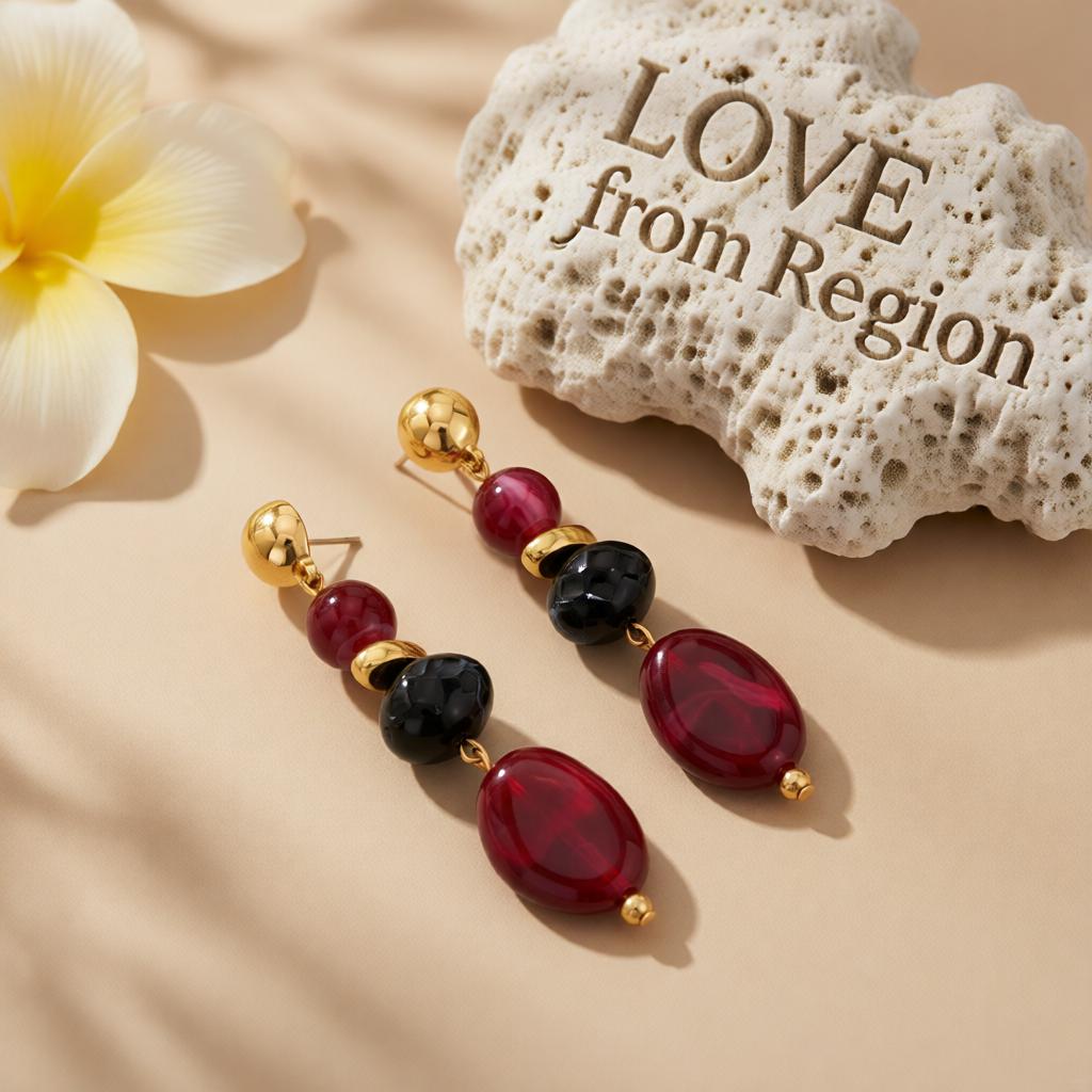 Wine Red Resin and Goldtone Tiered Irregular Beads Dangle Earrings, gold drop earrings for women, lifestyle look