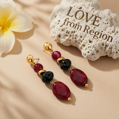 Wine Red Resin and Goldtone Tiered Irregular Beads Dangle Earrings, gold drop earrings for women, lifestyle look